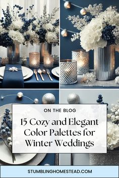 a collage of photos with white and blue flowers in silver vases, candles and plates