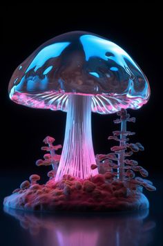 an illuminated mushroom is shown in the dark with red and blue lights on it's base