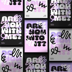 six different types of typogramic type on black and white paper with purple background