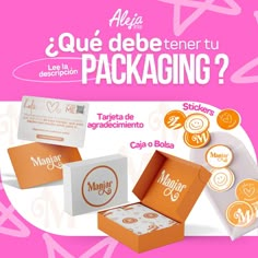 an advertisement for packaging in spanish with orange and white designs on the front, and pink background