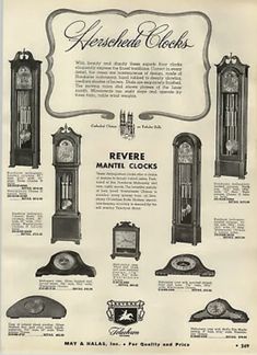 an old advertisement with many different clocks in it's display case, including the grandfather clock