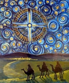 three people riding on camels in front of a cross with stars and swirls