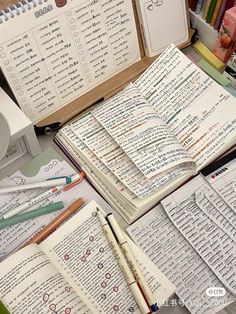 several open notebooks sitting on top of a desk