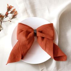 a white plate topped with an orange bow tie