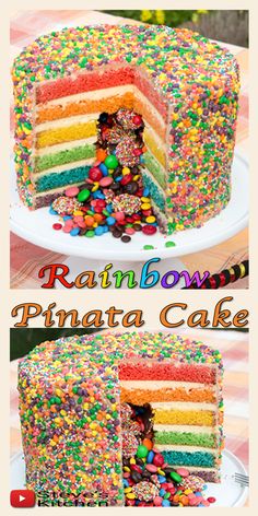 there is a rainbow cake with sprinkles on the top and bottom layer