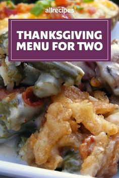 thanksgiving menu for two on a white plate with purple text overlay that reads, thanksgiving menu for two