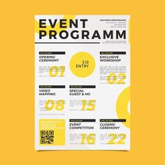 an event program flyer with yellow and black numbers on the front, and two circles in the back