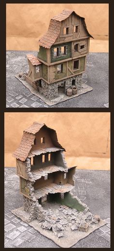 two pictures of an old house made out of paper