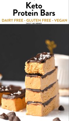 three pieces of cake sitting next to each other on a white plate with chocolate chips