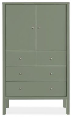 a green cabinet with two doors and three drawers on the bottom, in front of a white background