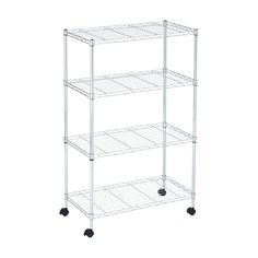 three tiered shelf with wheels on the bottom and two shelves on the top, white