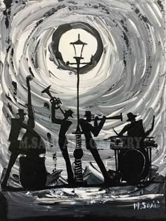 a painting of three men playing instruments in front of a street light