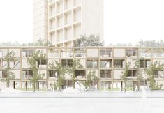 an architectural rendering of a building with lots of windows and trees on the outside wall