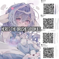 an anime character with long hair and blue eyes is hugging another character in front of a qr code