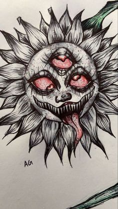 a drawing of a sunflower with red eyes and fangs on it's face