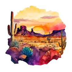 watercolor painting of desert scene with cactus, cacti and mountains