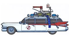 a drawing of a white car with surfboards on the roof and ladders attached to it