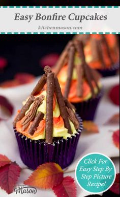 three cupcakes with chocolate and candy toppings on them sitting on top of leaves