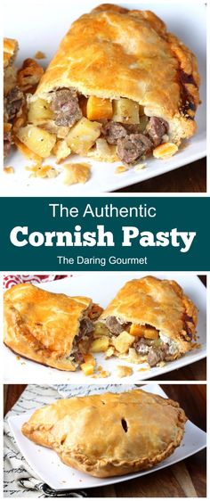 the authentic scottish pasty recipe is shown in three different pictures, including one with meat and potatoes