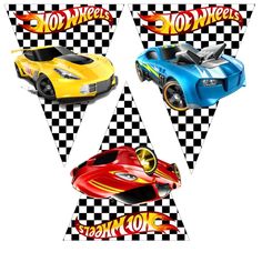 three hot wheels racing cars on checkered background