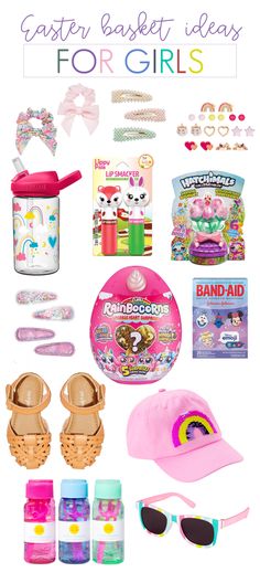 a bunch of items that include hats, sunglasses and other things to wear for girls