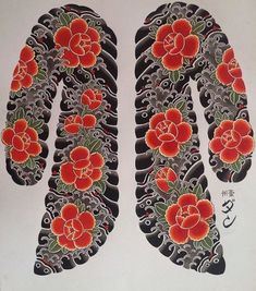 an image of a pair of gloves with red flowers on the front and back of them