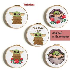 four cross stitch hoops with baby yoda and the child in it