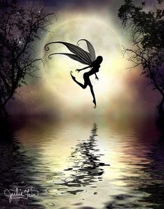 the silhouette of a fairy flying in front of a full moon