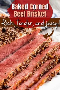 baked corned beef brisket on a white plate with text overlay that reads, baked corned beef beef brisket, tender and juicy