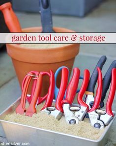 garden tool care and storage in a metal container