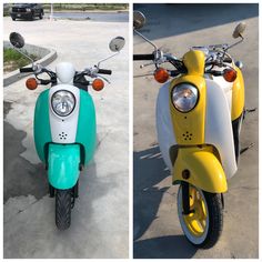 two different colored scooters parked next to each other