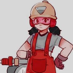 a drawing of a woman in red overalls and a helmet