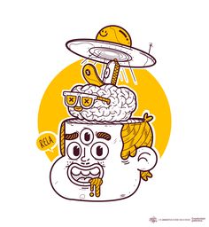 a drawing of a man with food on top of his head and an alien in the background