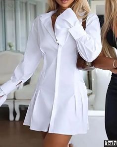 Fisdy - Vestido camisero fruncido con cintura contorneada y mangas acampanadas Ruched Shirt Dress, Ruched Shirt, Dress Sleeve Length, Chic Type, Business Outfit, Long Shirt Dress, White Shirt Dress, Mini Shirt Dress, Trend Fashion