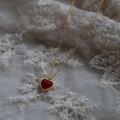 Tiny Red Heart Necklace, Dainty Heart Jewelry, Red Enamel Necklace, Gold Charm Necklace, Princess Jewelry, Coquette Aesthetic Necklace  ☽ 14K Gold Plated, Red Enamel Charm (8x10mm) ☽ This is a gold plated charm meaning that it requires extra care to keep its shine and color intact. Please follow these tips to make the charm last longer in its original condition: avoid wearing it to the beach, pool, shower, bathtub, hot tub; avoid it touching any lotions, creams, or sweat; take it off before goin Elegant Red Heart Necklace As Gift For Her, Red Heart Beads Pendant Jewelry, Red Heart Necklace With Clavicle Chain, Red Heart Clavicle Chain Necklace, Red Double Heart Necklace For Gift, Red Heart Pendant Jewelry As Gift For Her, Elegant Red Heart Beads Necklace, Dainty Red Necklace For Her, Dainty Red Necklace As Gift For Her