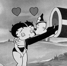 a cartoon character kissing another character in front of a giant tube with hearts floating above it