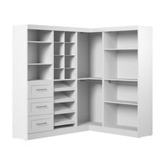 an open white closet with shelves and drawers on the bottom shelf, closed to reveal its contents