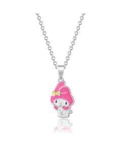 a necklace that has a pink mushroom on the front and yellow letters on the back