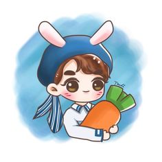 a drawing of a person holding a carrot and wearing a bunny ears hat with the words happy easter written on it