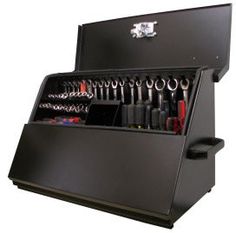 a black tool box filled with lots of tools