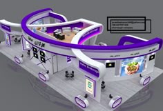 an exhibition stand with purple and white accents