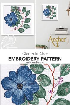 blue flowers and leaves are featured in this cross stitch pattern with the text, clement's blue embroidery pattern