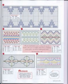 an open book with cross - stitch patterns and instructions on the page, showing how to make