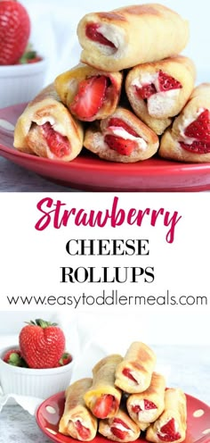 strawberry cheese rolls are stacked on top of each other with strawberries in the background