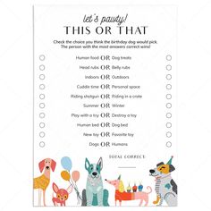 Dog Birthday Game This or That Printable by LittleSizzle Dog Retirement Party, This Or That Dog Edition, Dog Party Games, This Or That Game, Dog's Birthday, Theme Party Ideas, Bridal Bingo, Birthday Dog, Dog Birthday Party