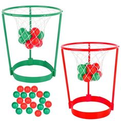 two plastic balls in a basket and some other items to be put into the basket