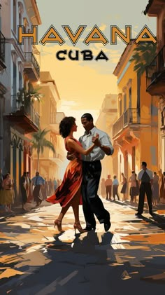 a man and woman dancing in the middle of a street with buildings on both sides