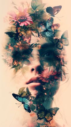 a woman's face surrounded by butterflies