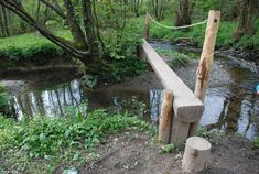 a wooden bridge over a small creek in the woods