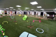 an indoor play area with artificial turf and toys